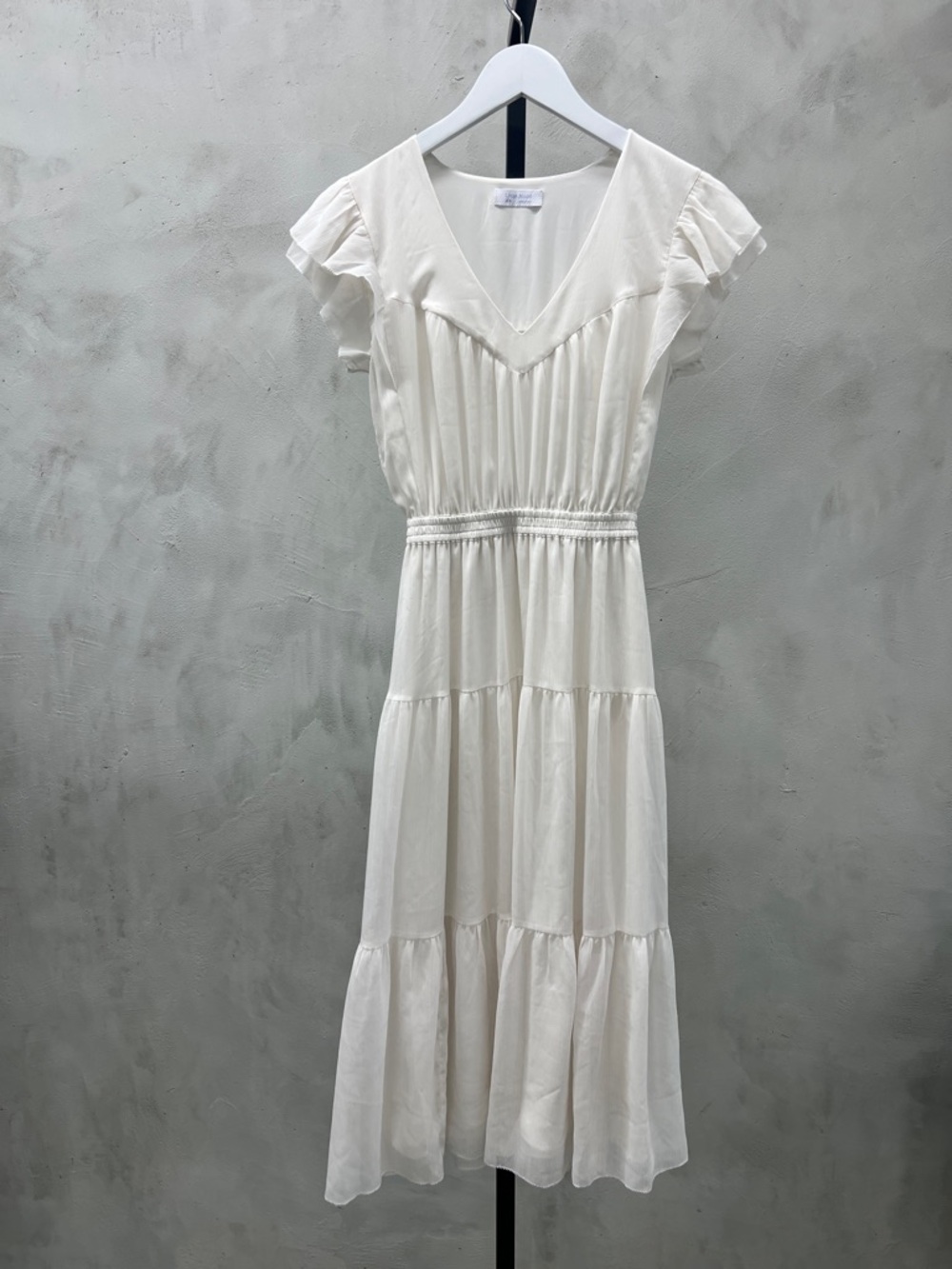 Little Moon Ivory V-Neck Tiered Midi Dress